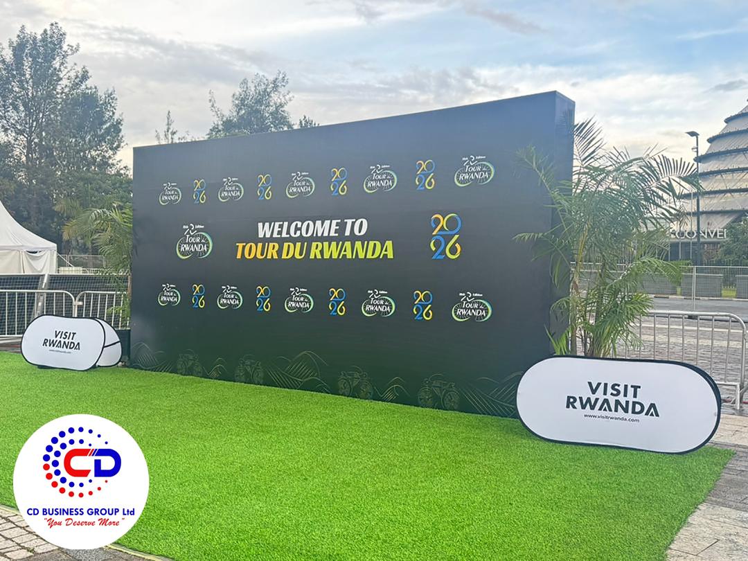 Tour du Rwanda 2026 branded backdrop wall with Visit Rwanda signage