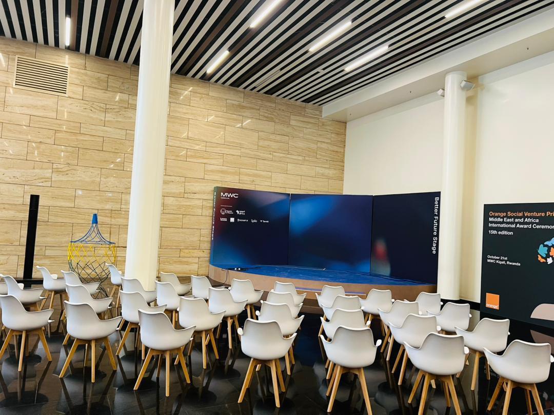 Better Future Stage with white chairs at MWC 2025, Kigali Convention Centre